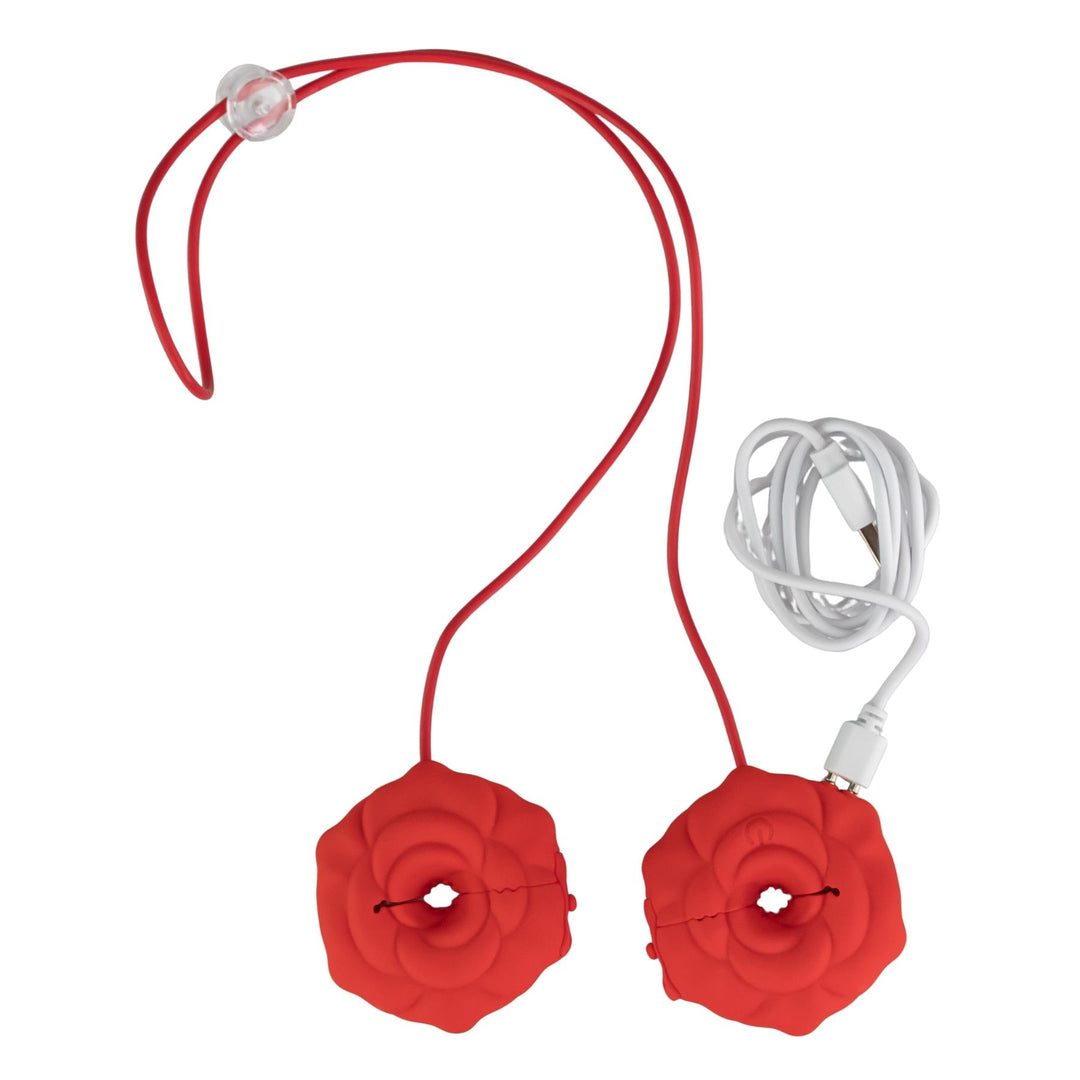 Vibrating Nipple Rose Clamps showcasing the charging port on a white background - Up N Smoke