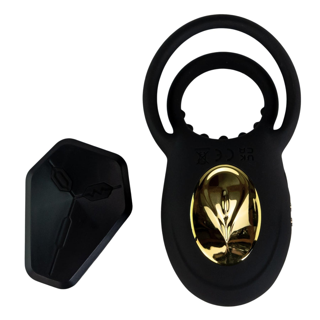 Vibrating Rose Cock Ring black color displayed with remote on a white background - Up N Smoke