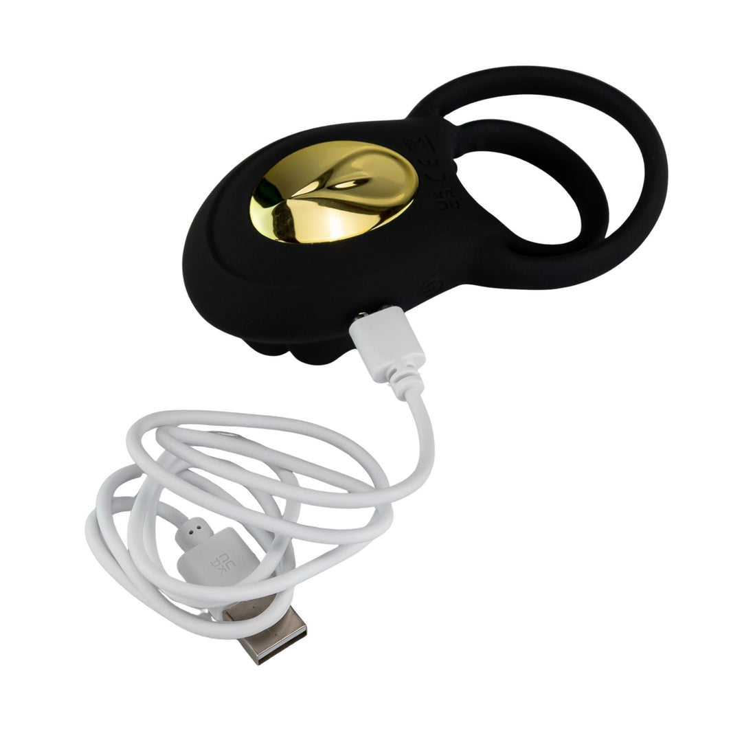 Vibrating Rose Cock Ring black color displayed charger on a white background - Up N Smoke
