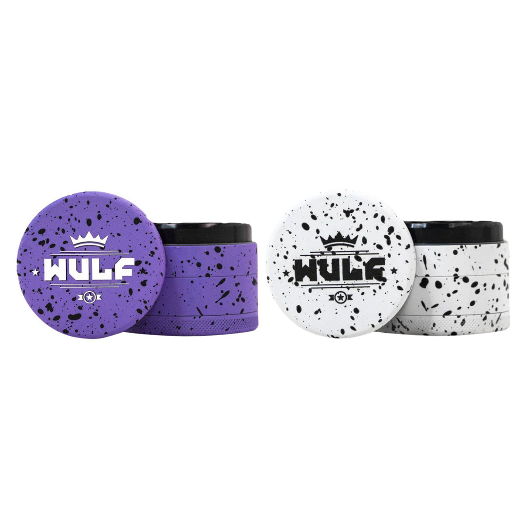 "Two WULF 4-Piece 50mm Grinders in the variations Purple with Black and White with Black," - Up N Smoke.