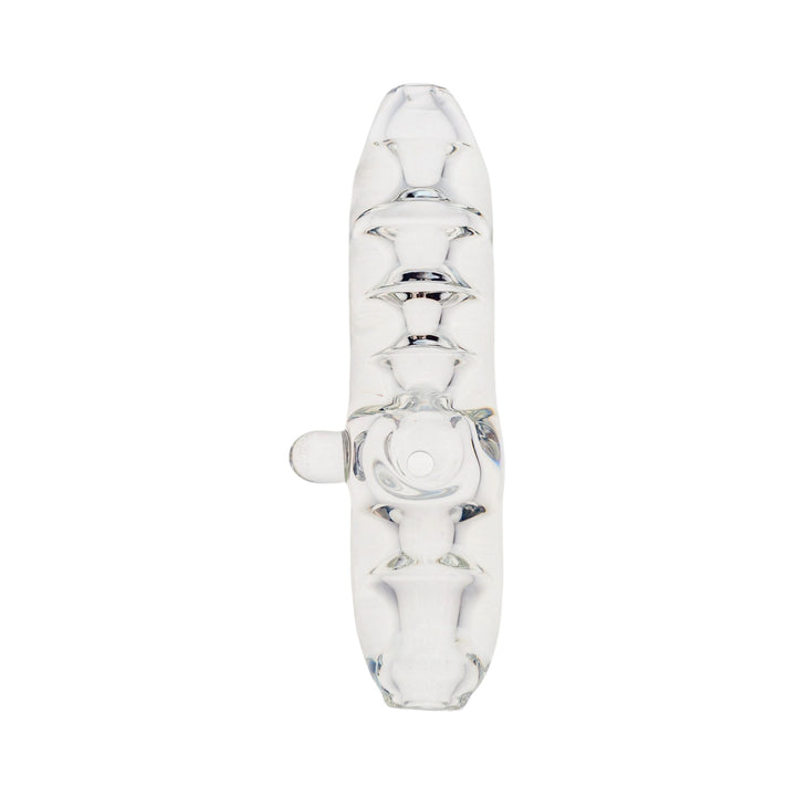 Top down view of a WashBoard Glass steamroller. It is clear glass and features a circular interior design. - Up N Smoke.