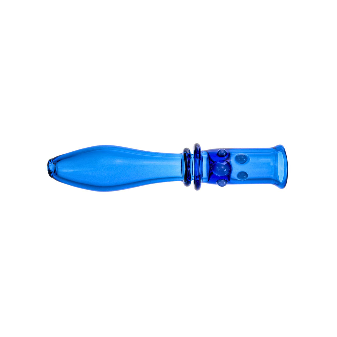 "A 4.75-inch blue Washboard Chillum, hand-blown using the inside-out Maria technique. Features a deep bowl with three vibrant blue dots that prevent rolling and add a stylish touch. American-made for smoother, cooler smoke sessions." - Up N Smoke.