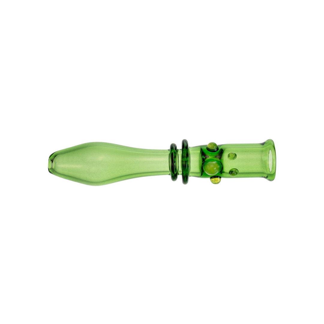 "A 4.75-inch green Washboard Chillum, expertly crafted with the inside-out Maria technique. The deep bowl is adorned with three green dots, adding both flair and functionality by preventing accidental rolling. Made in the USA." - Up N Smoke.