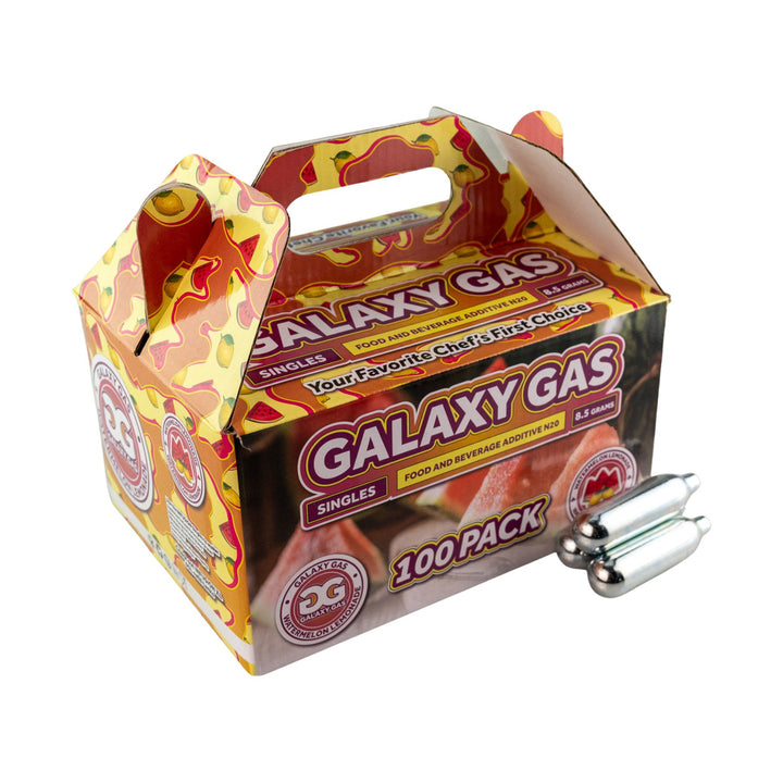 "Side angle of a 100ct box of Watermelon Lemonade Galaxy Gas with three cartridges in front on a white background," - Up N Smoke.