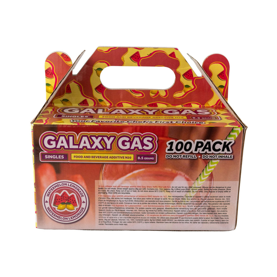 "Back of a 100ct box of Watermelon Lemonade Galaxy Gas on a white background," - Up N Smoke.