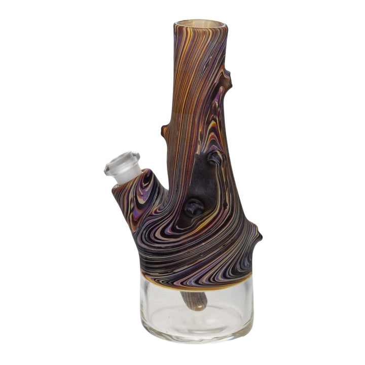 Side left view of a Wazoo Wood Sake Bottle. This water pipe features a wood-grain pattern and a matching downstem. It is handcrafted by Jacob Wazoo, of Wazoo Glass.