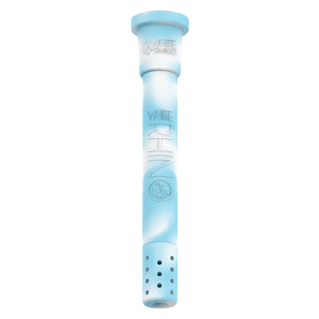 White Rhino Glow in The Dark Adjustable Downstem Blue low angle on a white background - Up N Smoke
