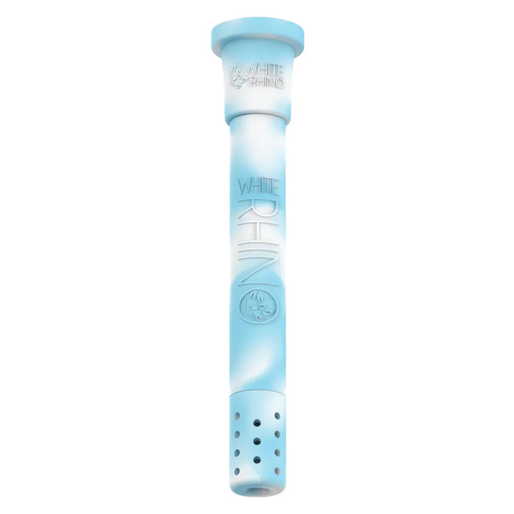 White Rhino Glow in The Dark Adjustable Downstem Blue low angle on a white background - Up N Smoke