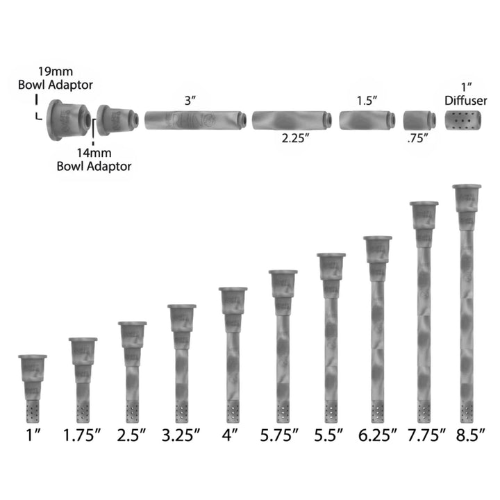 White Rhino Glow in The Dark Adjustable Downstem grey parts separated and measured on a white background - Up N Smoke
