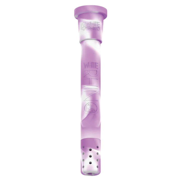 White Rhino Glow in The Dark Adjustable Downstem Purple low angle on a white background - Up N Smoke