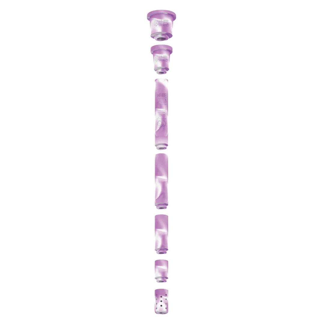 White Rhino Glow in The Dark Adjustable Downstem Purple parts separated low angle on a white background - Up N Smoke