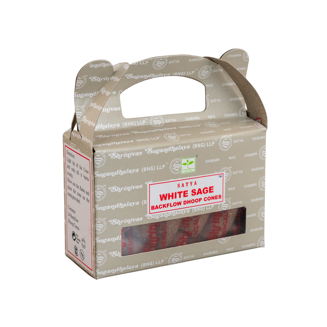 Box of Satya White Sage Backflow Dhoop Cones on a white background