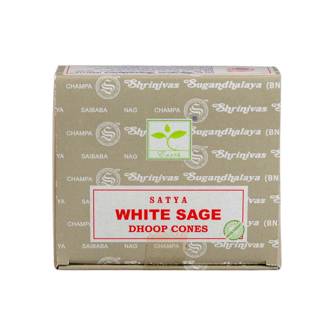 Box of Satya White Sage Dhoop Cones on a white background