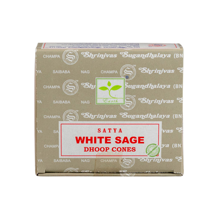 Box of Satya White Sage Dhoop Cones on a white background