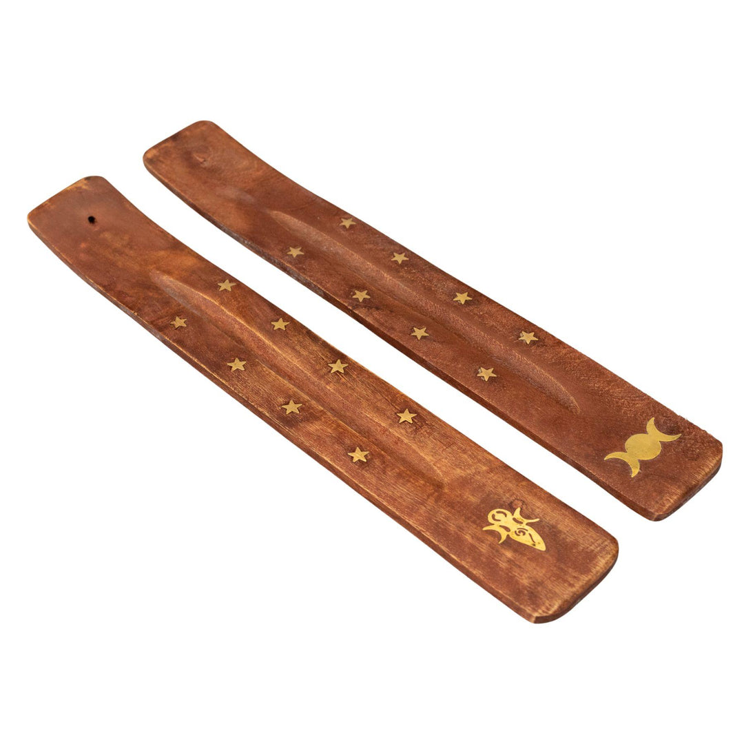 "Two Wooden Incense Burners that are 10'' and are adorned with golden designs," - Up N Smoke.