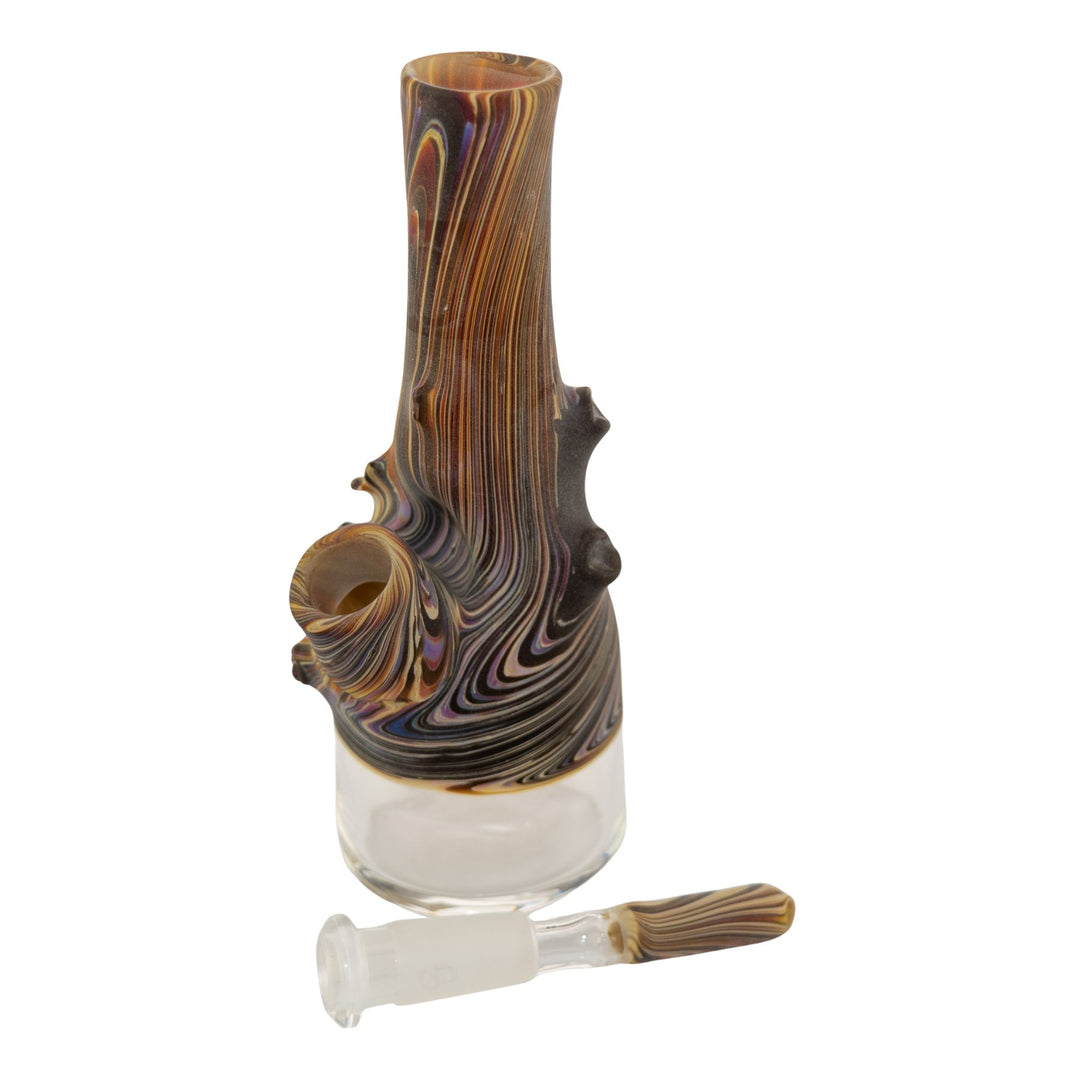 "Woodgrain Sake Bottle made by Wazoo Glass with a matching downstem in front of it," - Up N Smoke.