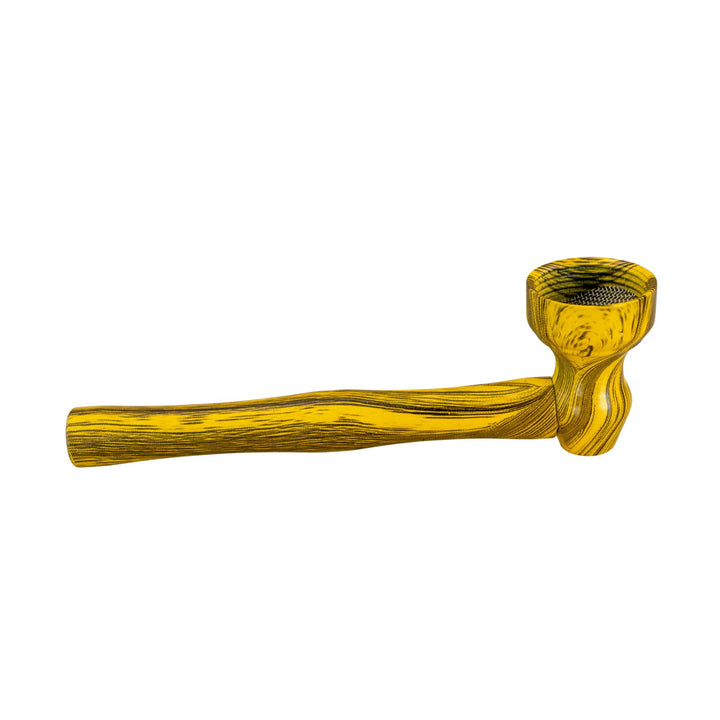 "Right side of a Yellow D&K Woodgrain Metal Pipe on a white background," - Up N Smoke.