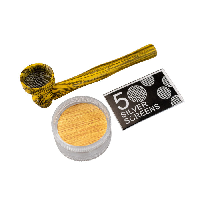 "Yellow D&K Woodgrain Metal Pipe next to a two-piece grinder and a package of five silver screens," - Up N Smoke.