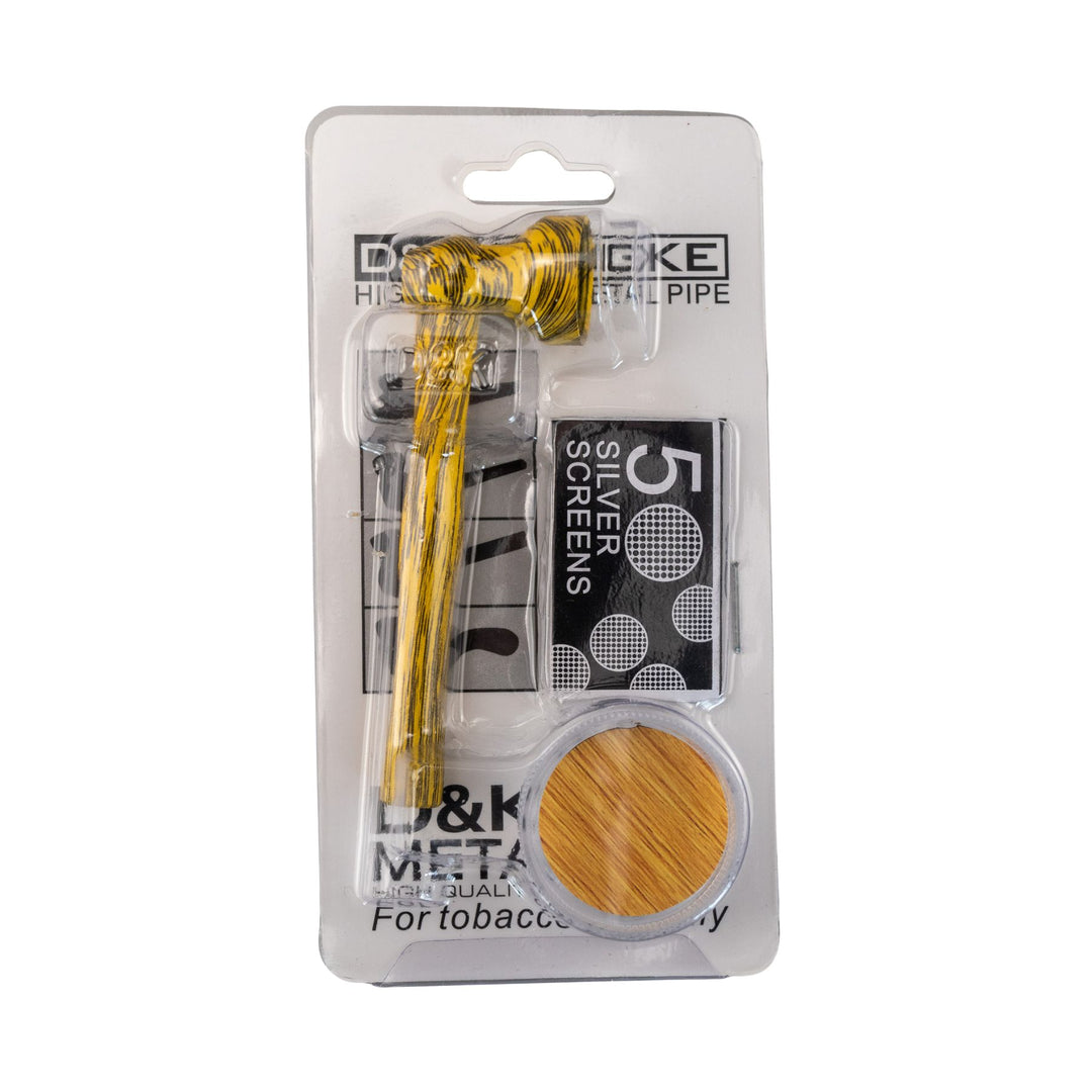 "Top-down view of a Yellow D&K Woodgrain Metal Pipe in its original packaging," - Up N Smoke.