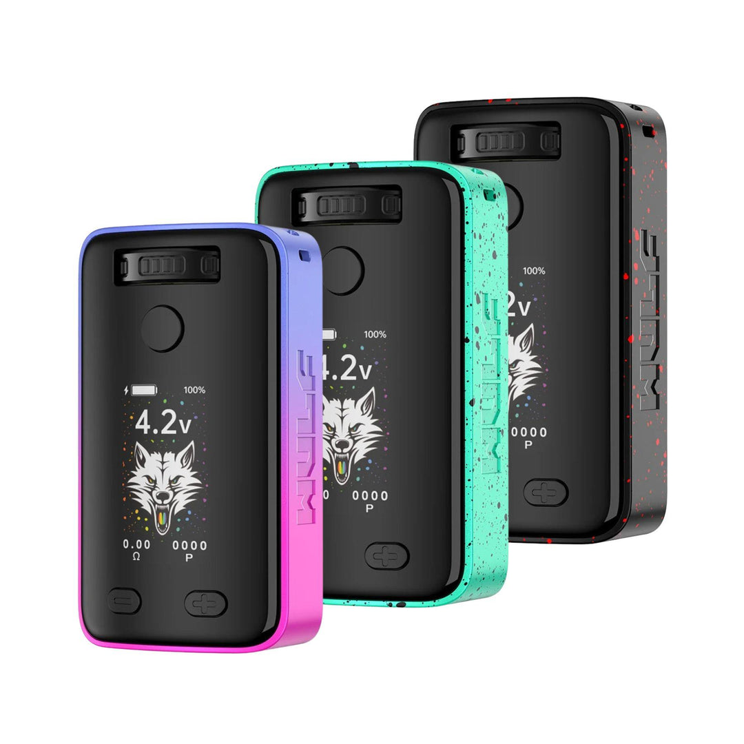 "A group of three Yocan WULF Uni 3.0 510 Cartridge Batteries in the colors prism, teal and black with red splatter," - Up N Smoke.