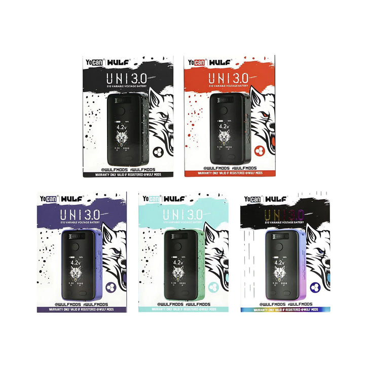 "Five boxes of Yocan WULF Uni 3.0 Cartridge Batteries in the colors prism, black with white splatter, black with red splatter, purple with black splatter, and teal with black splatter," - Up N Smoke.