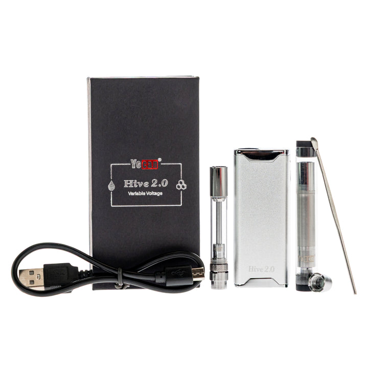 Yocan Hive 2.0 Vaporizer Silver color with box components on a white background - Up N Smoke