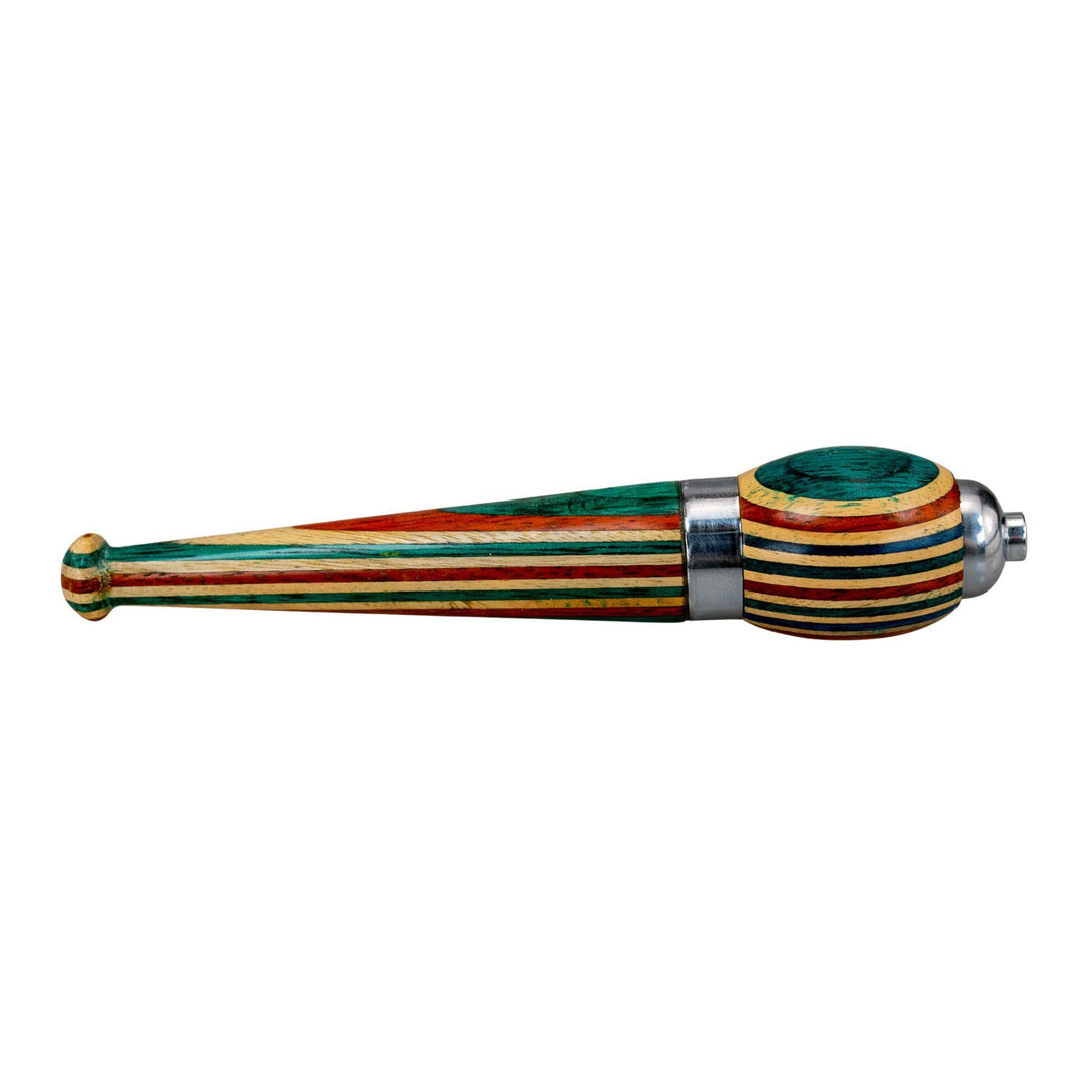 "Right-side view of a Zeppelin Wooden Hand Pipe with chrome accents and layered colored wood," - Up N Smoke.