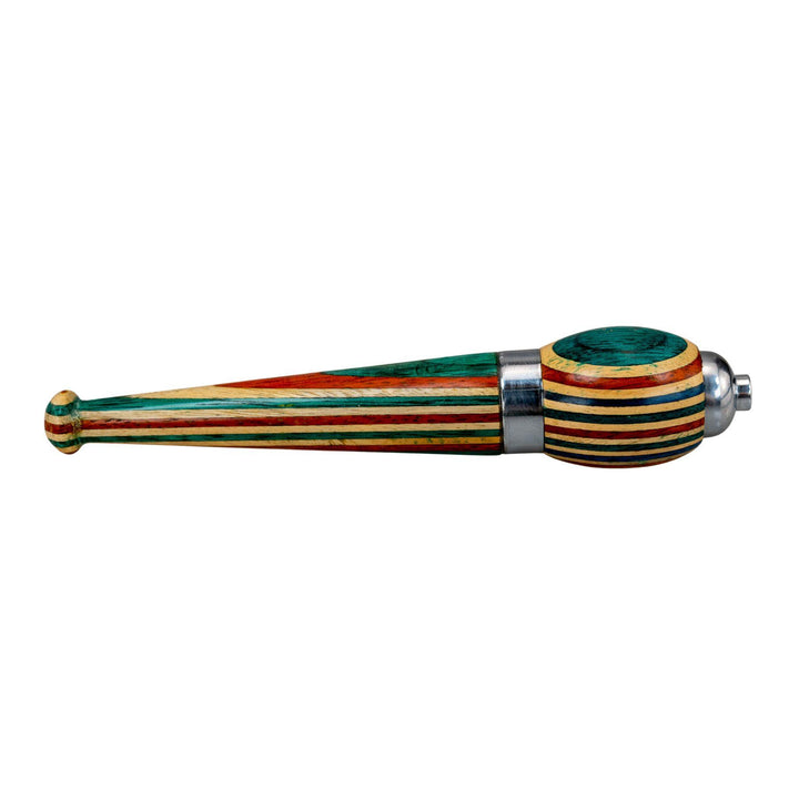 "Right-side view of a Zeppelin Wooden Hand Pipe with chrome accents and layered colored wood," - Up N Smoke.