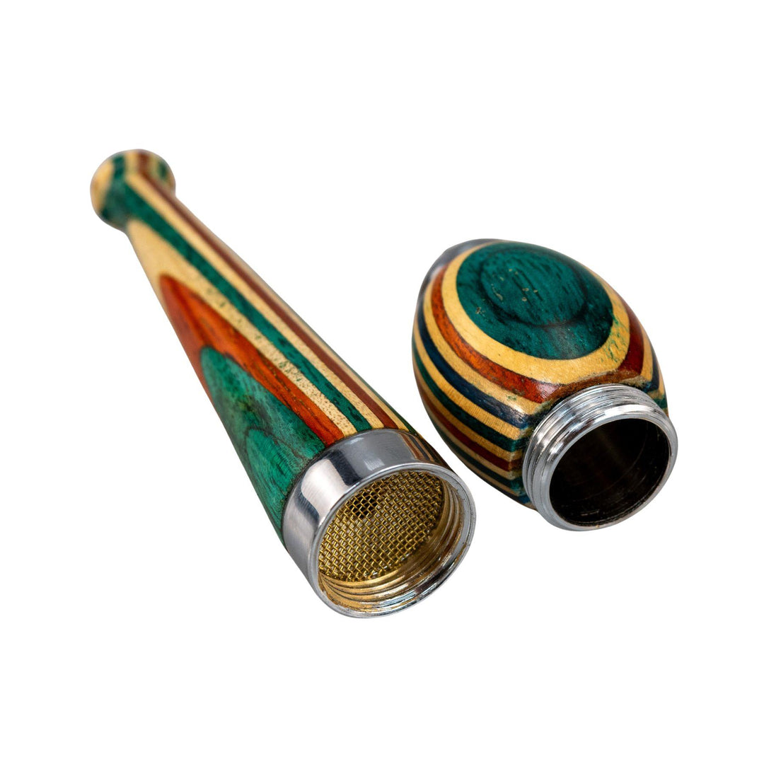 "Unscrewed Zeppelin Wooden Rainbow Hand Pipe showcasing the built-in screen and herb compartment," - Up N Smoke.
