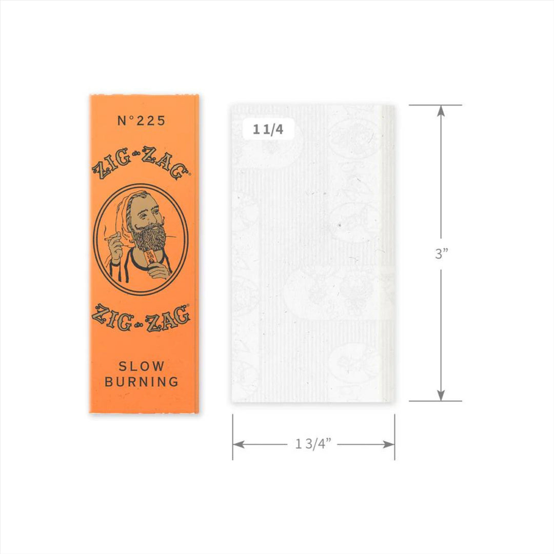 "Graphic displaying the size of a Zig Zag French Orange 1 1/4 Rolling Papers booklet. Zig Zag papers are recognized for their even, slow burn, ensuring a superior smoking experience. Made in France." - Up N Smoke.