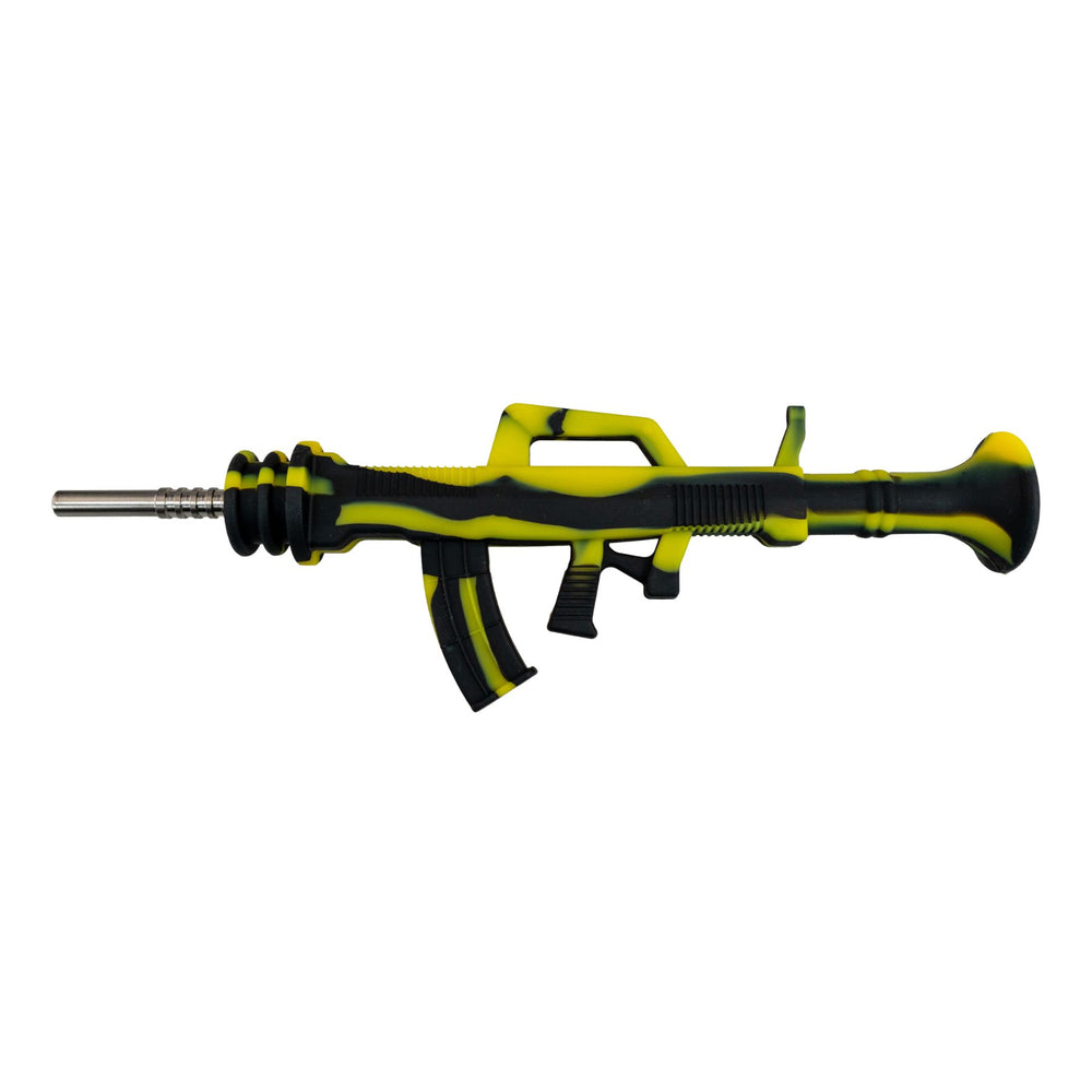 "Yellow and black AK-47 Silicone Nectar Collector with a titanium tip on a white background," - Up N Smoke.