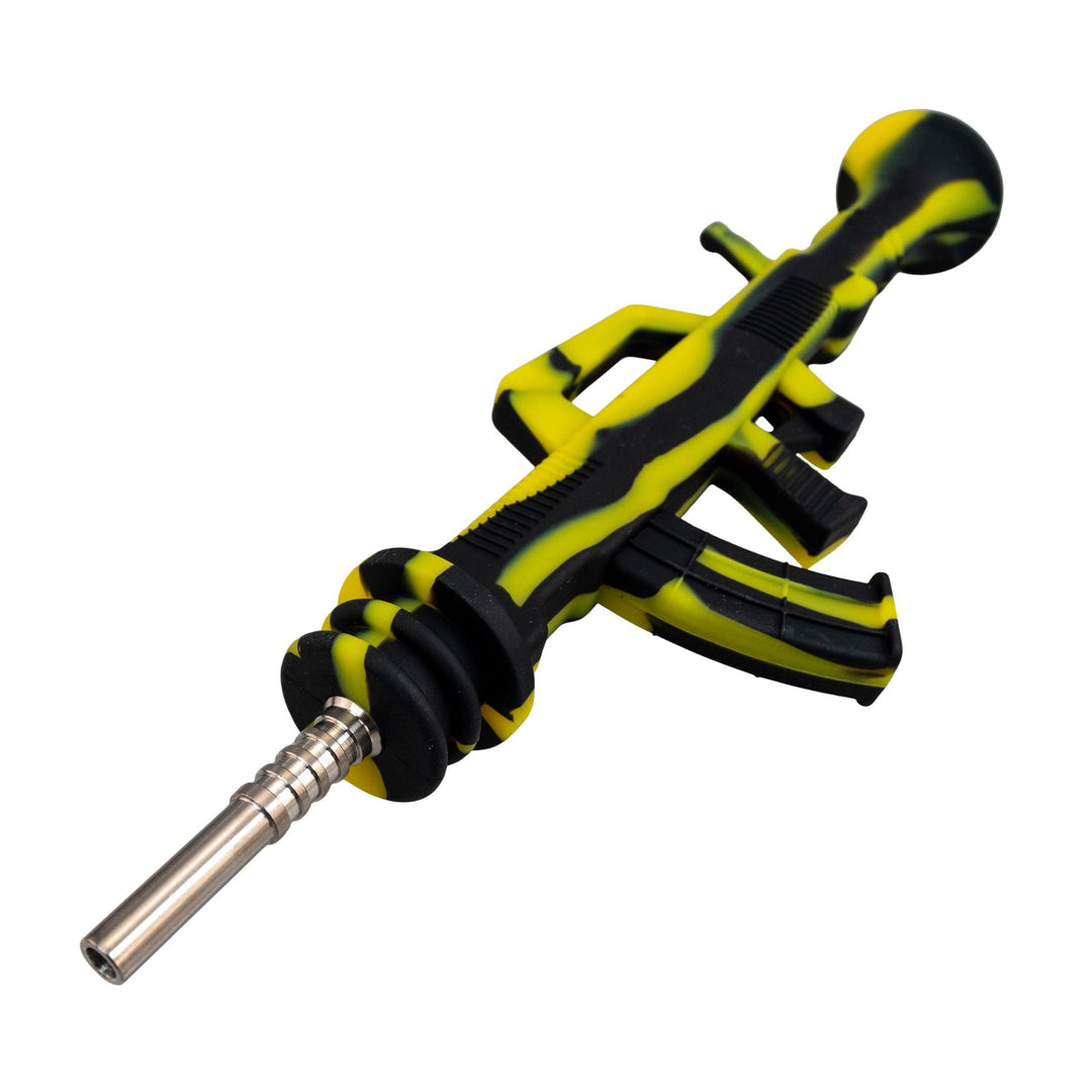 "Diagonal AK-47 Silicone Nectar Collector, showcasing the grade 2 titanium tip on a white background," - Up N Smoke.