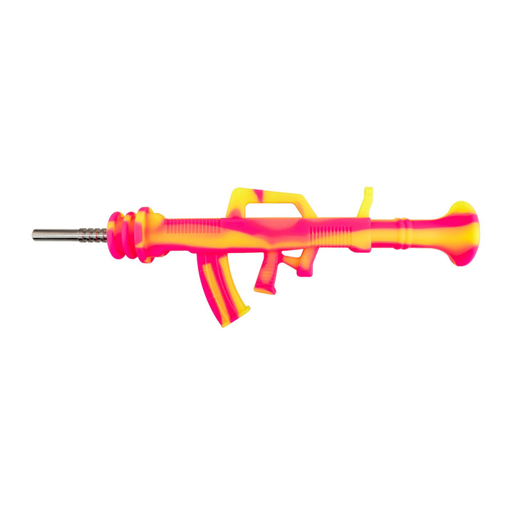 "Left side of an AK-47 Silicone Nectar Collector in the colors pink and yellow on a white background," - Up N Smoke.