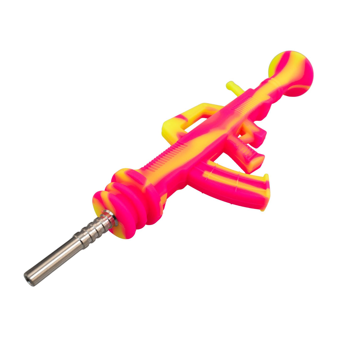 "Diagonal of a pink and yellow AK-47 Silicone Nectar Collector on a white background," - Up N Smoke.