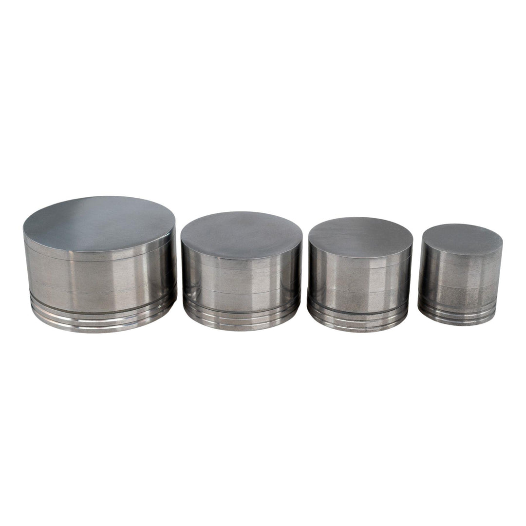"A group of four aluminum spice grinders in the diameter sizes 1.0'', 1.5'', 2.0'' and 2.5''," - Up N Smoke.