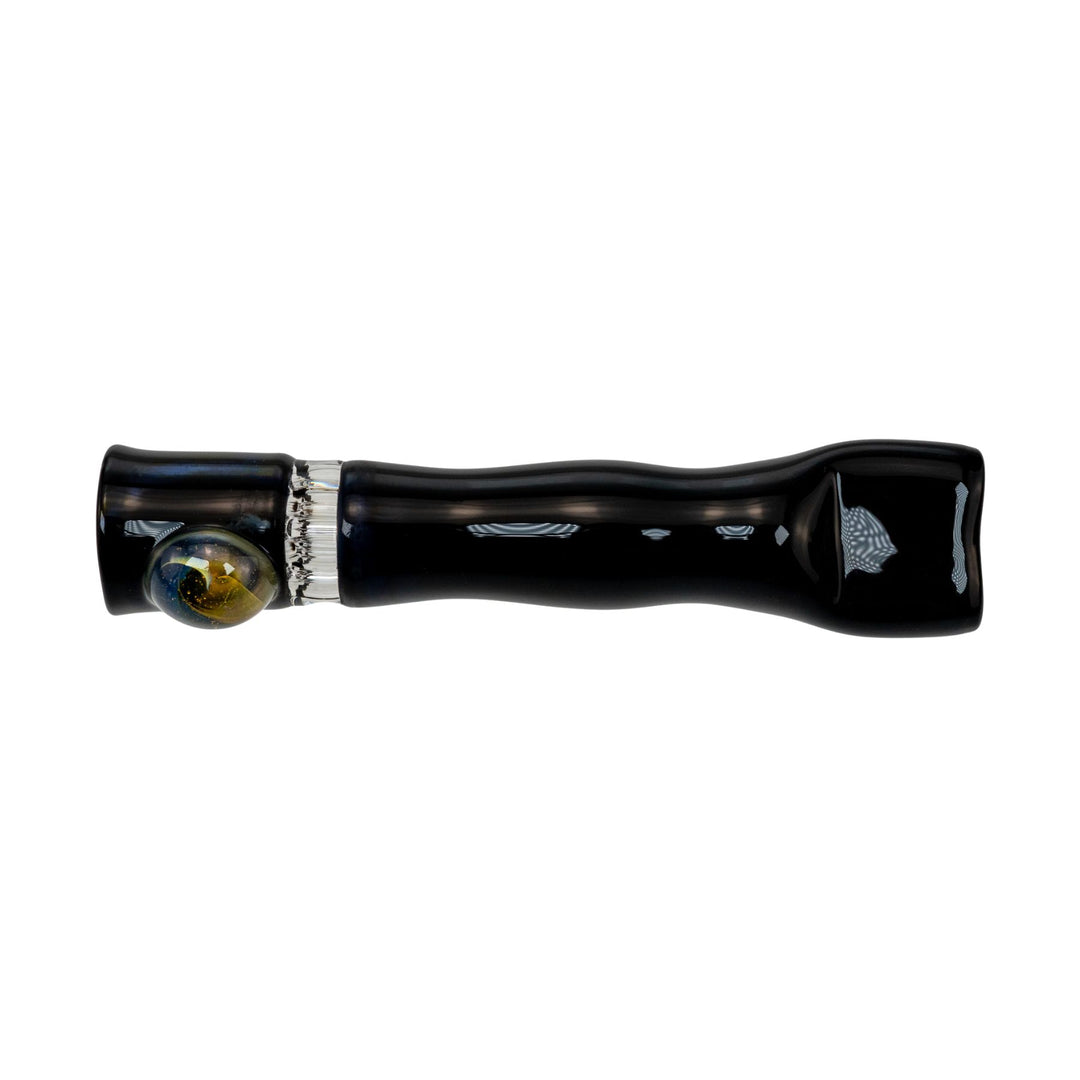 "Black Blazing Glass Chillum with an amber stabilizing bead near the mouthpiece," - Up N Smoke.