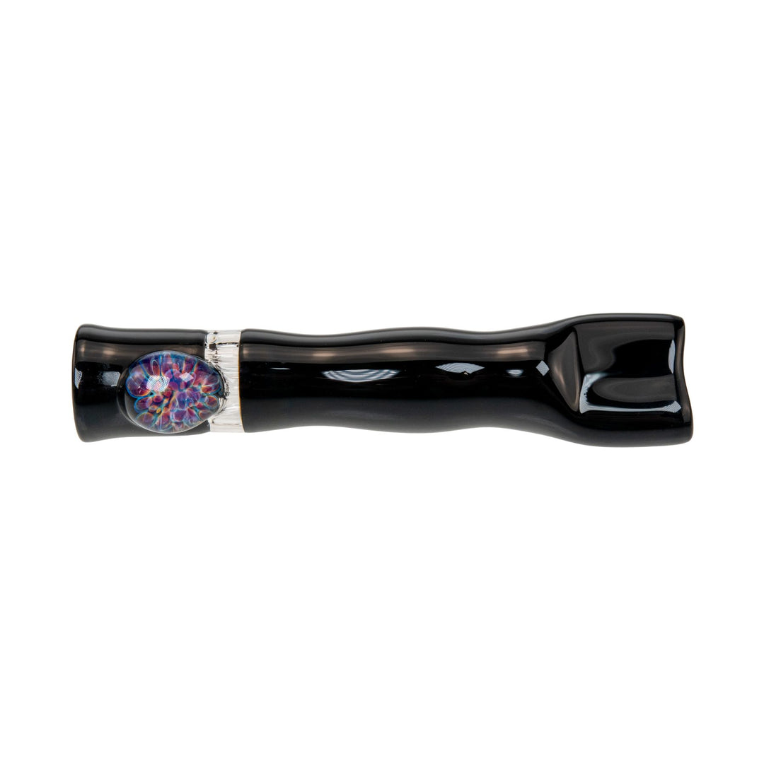 "Black Blazing Glass Chillum with an 'implosion' decorative bead near the mouthpiece that stabilizes the functional glass," - Up N Smoke.