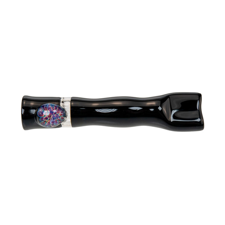 "Black Blazing Glass Chillum with an 'implosion' decorative bead near the mouthpiece that stabilizes the functional glass," - Up N Smoke.
