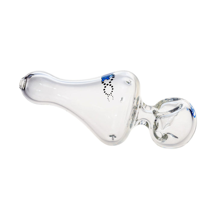 Side right view of a clear Helix hand pipe. It is adorned with the Helix logo in sapphire blue. - Up N Smoke.
