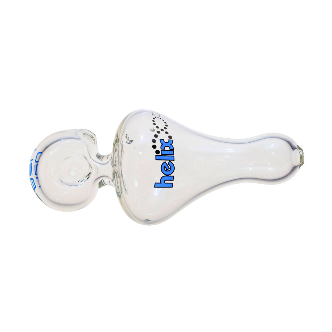 Picture of a blue helix hand pipe. The body of this glass piece is clear and adorned with a blue helix logo. This product is made in the U.S. and sold by Up N Smoke. - Up N Smoke.
