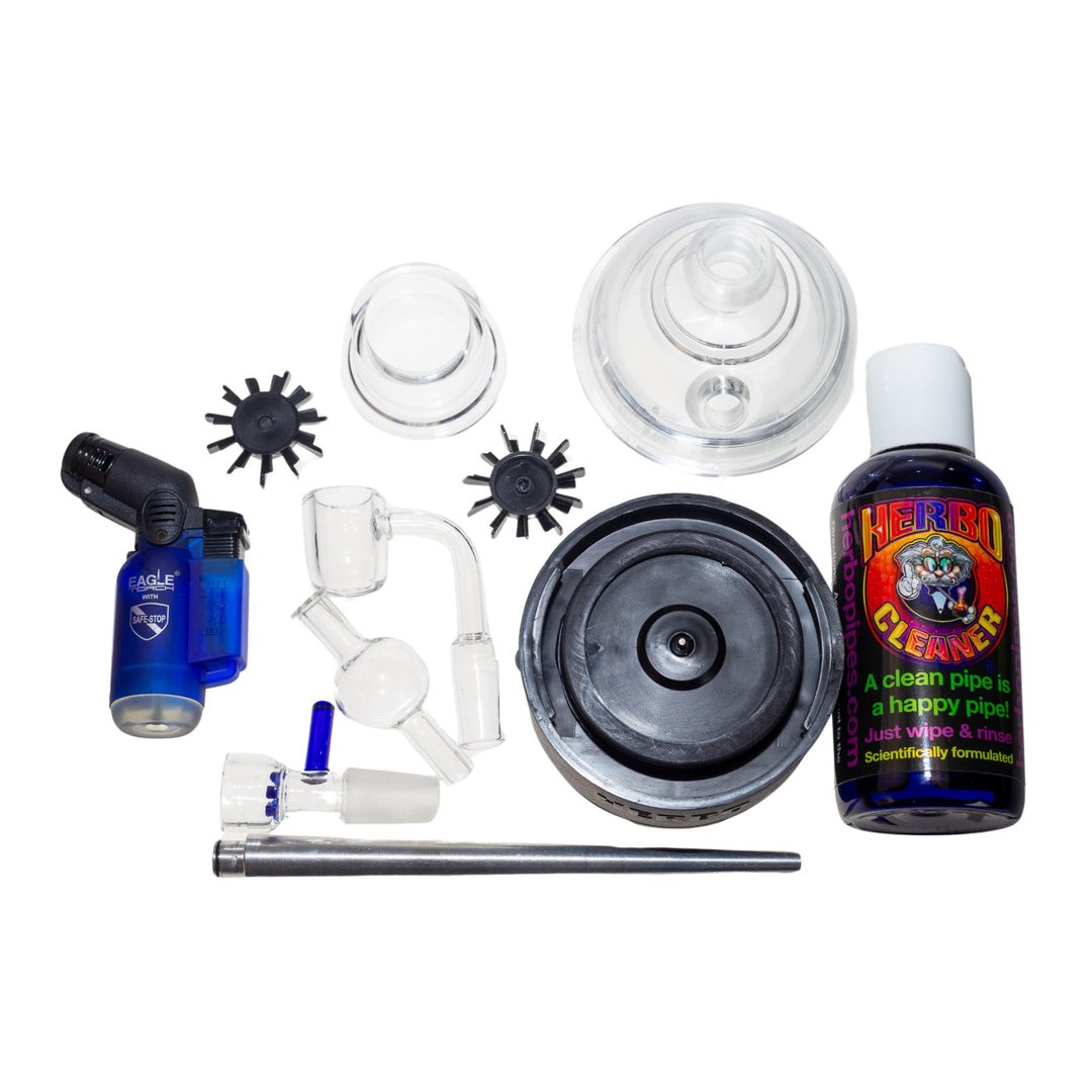 Top down view of a dismantled Herbo Hydrafuge. The kit comes with multiple accessories such as a torch lighter, two bowl inserts, a carb cap and glass cleaner. - Up N Smoke.