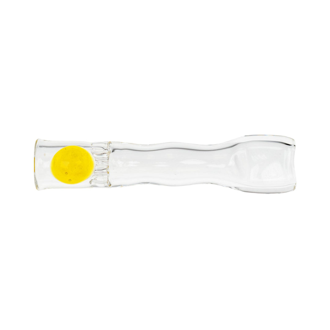 "Clear Blazing Glass Chillum with a yellow bead near the mouthpiece that stabilizes the product," - Up N Smoke.