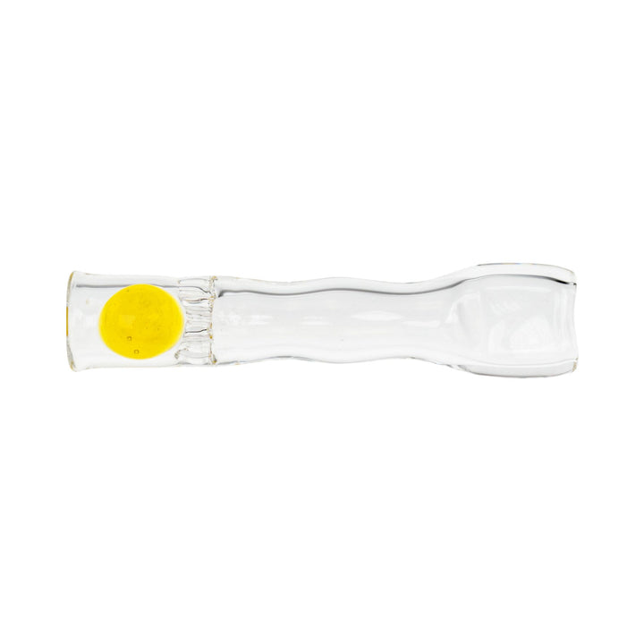 "Clear Blazing Glass Chillum with a yellow bead near the mouthpiece that stabilizes the product," - Up N Smoke.