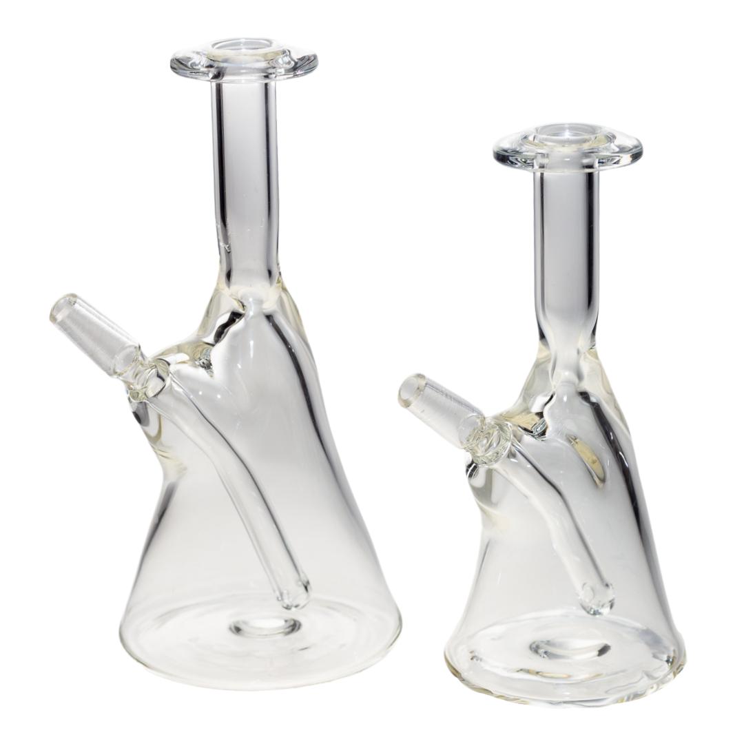 Front left view of two clear Dope Glass rigs with a 10mm male joint. - Up N Smoke.
