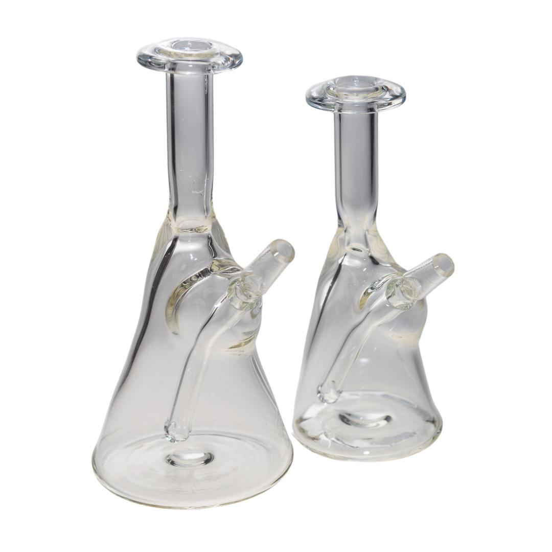 Right side view of two clear Dope Glass rigs with a 10mm male joint. - Up N Smoke.