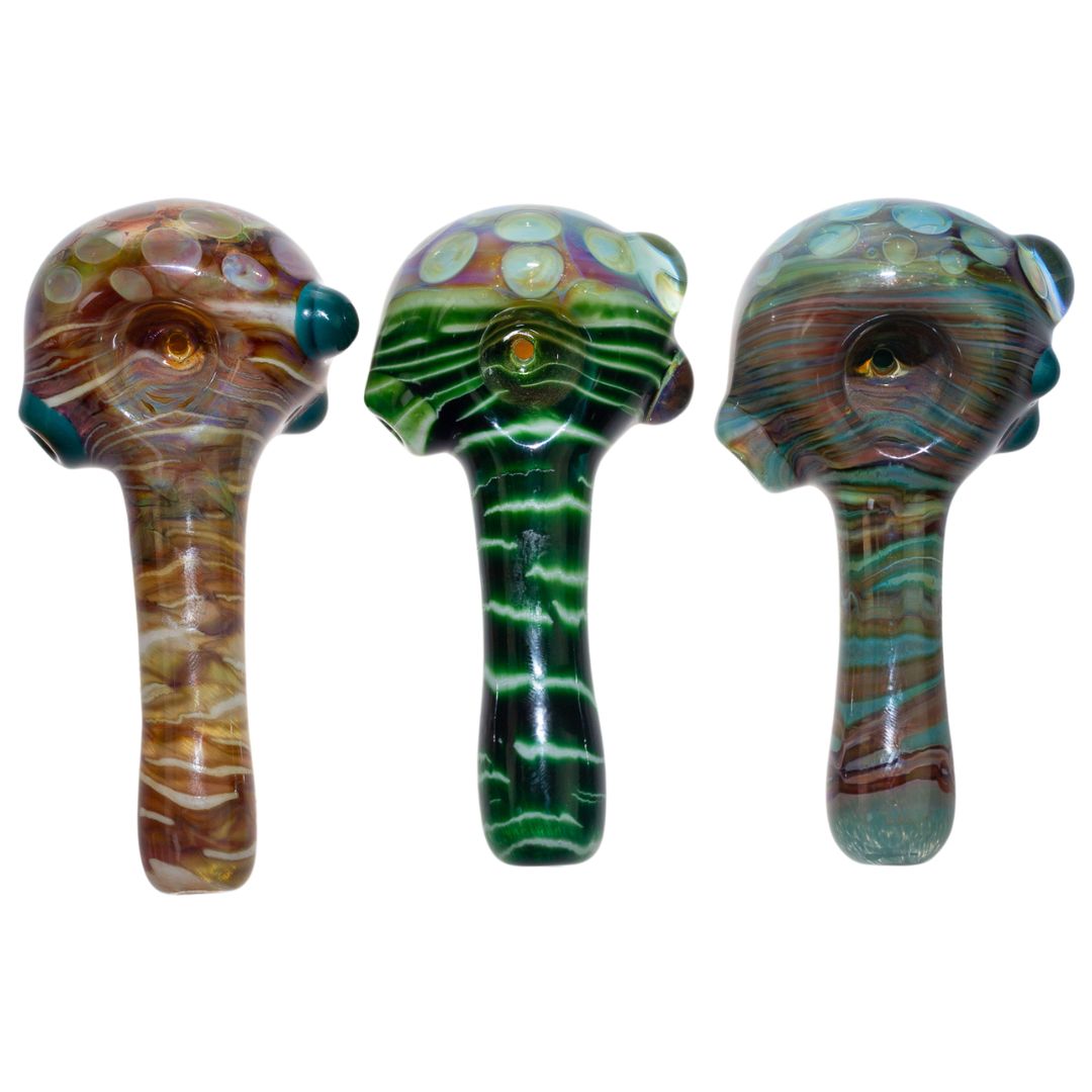 Group photo of three Fool Blown Marbled Honeycomb spoons. Each design is handcrafted and features unique designs. - Up N Smoke.