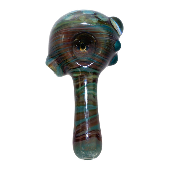 Top down view of a Fool Blown Marble Honeycomb spoon. This piece features blue, brown and green swirls and is adorned with glass bubbles. - Up N Smoke.