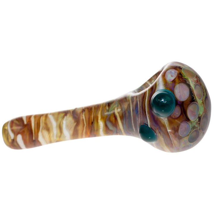 Right side view of a Fool Blown brown spoon. It features two green bubbles for easier handling. - Up N Smoke.