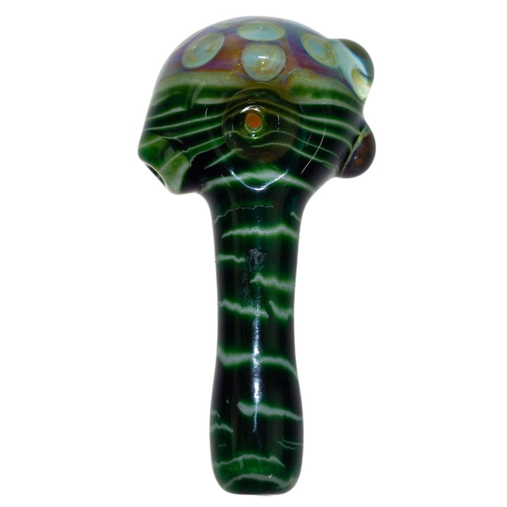 Top down view of a green Fool Blown Marbled Honeycomb spoon. - Up N Smoke.