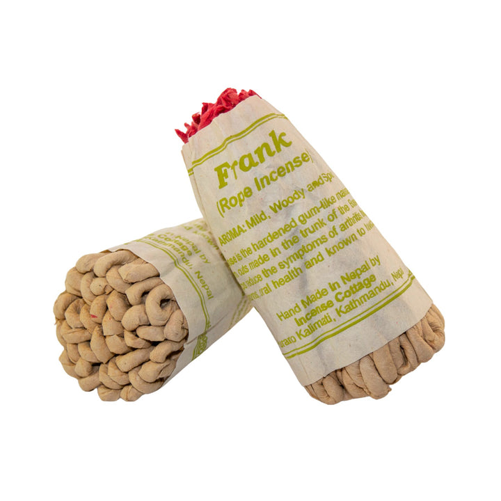 "Two bundles of Frankincense Rope Incense with red tips and a green and white label wrapped around them," - Up N Smoke.